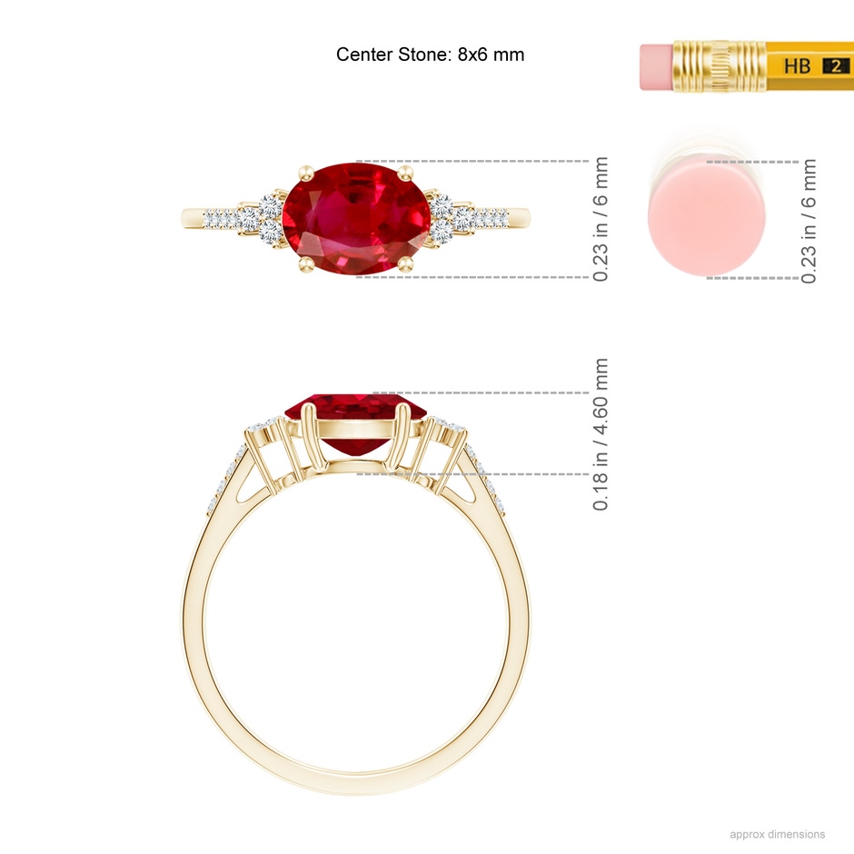 8x6mm AAA Horizontally Set Oval Ruby Solitaire Ring with Trio Diamond Accents in Yellow Gold ruler