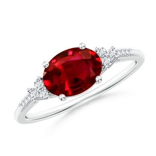 8x6mm AAAA Horizontally Set Oval Ruby Solitaire Ring with Trio Diamond Accents in P950 Platinum