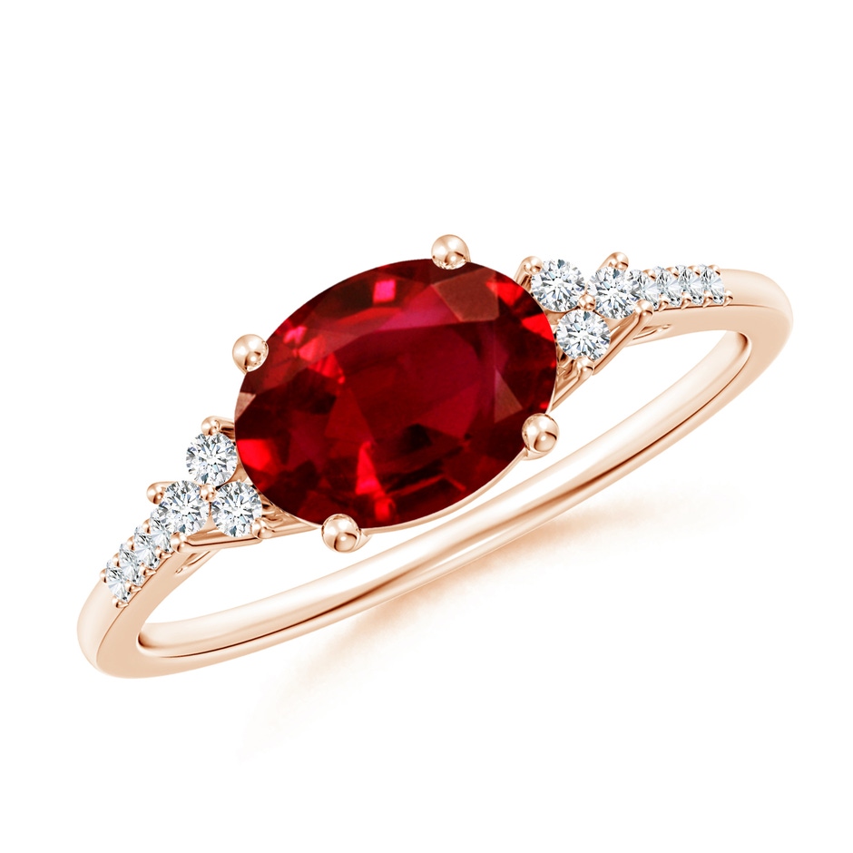 8x6mm AAAA Horizontally Set Oval Ruby Solitaire Ring with Trio Diamond Accents in Rose Gold 
