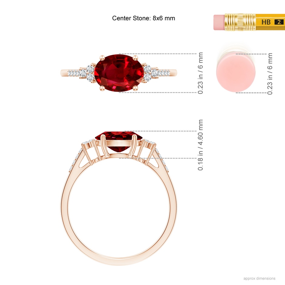 8x6mm AAAA Horizontally Set Oval Ruby Solitaire Ring with Trio Diamond Accents in Rose Gold ruler