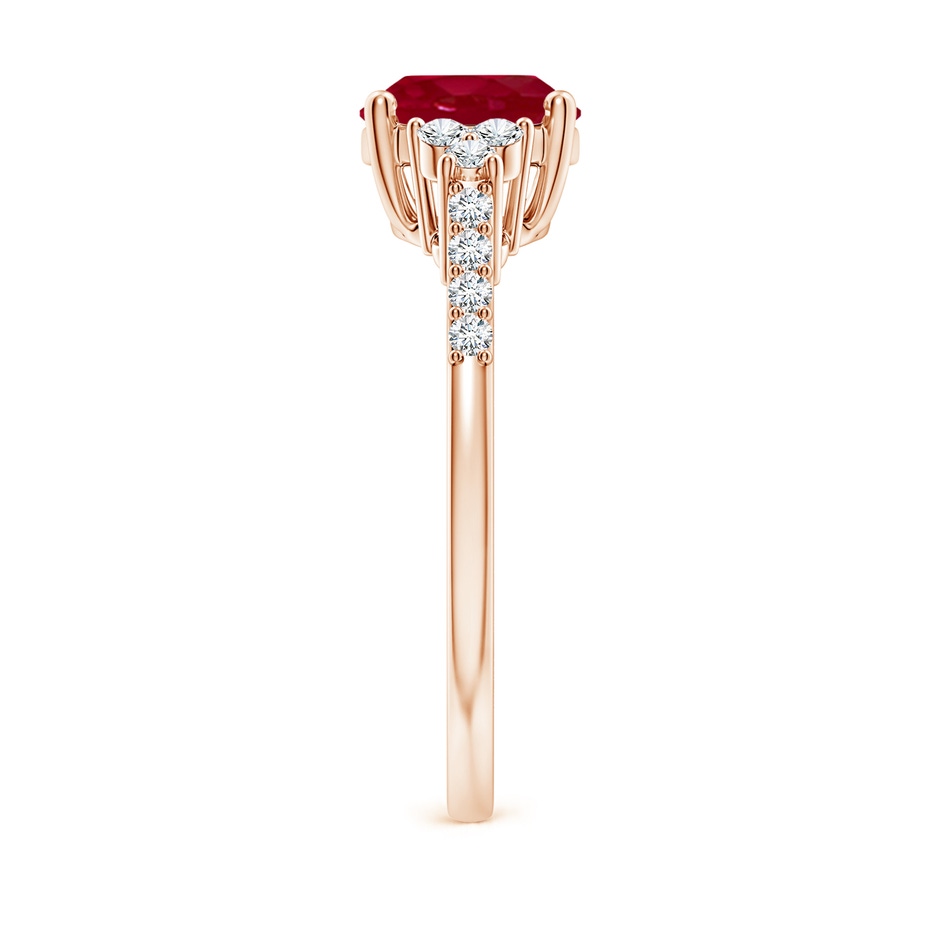 9x7mm AA Horizontally Set Oval Ruby Solitaire Ring with Trio Diamond Accents in Rose Gold side 299