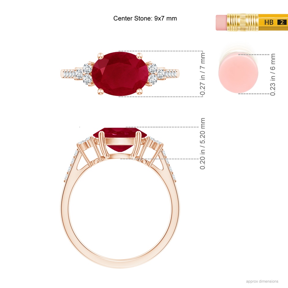 9x7mm AA Horizontally Set Oval Ruby Solitaire Ring with Trio Diamond Accents in Rose Gold ruler