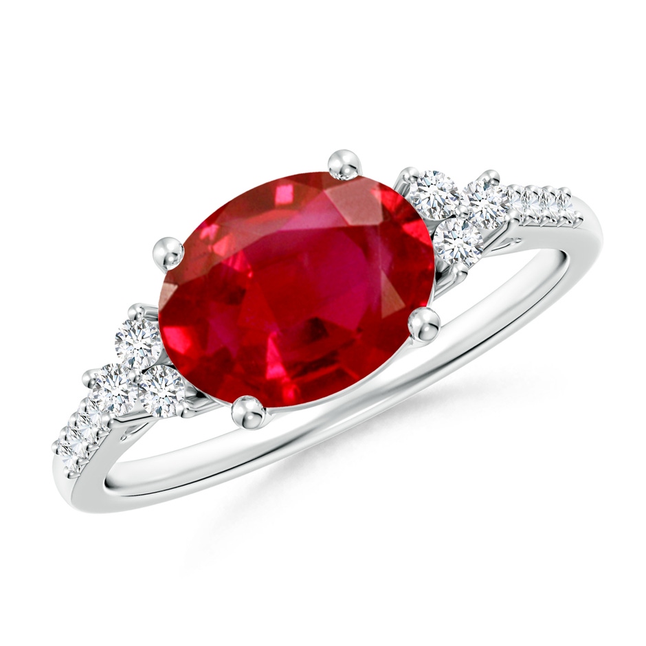 9x7mm AAA Horizontally Set Oval Ruby Solitaire Ring with Trio Diamond Accents in P950 Platinum 