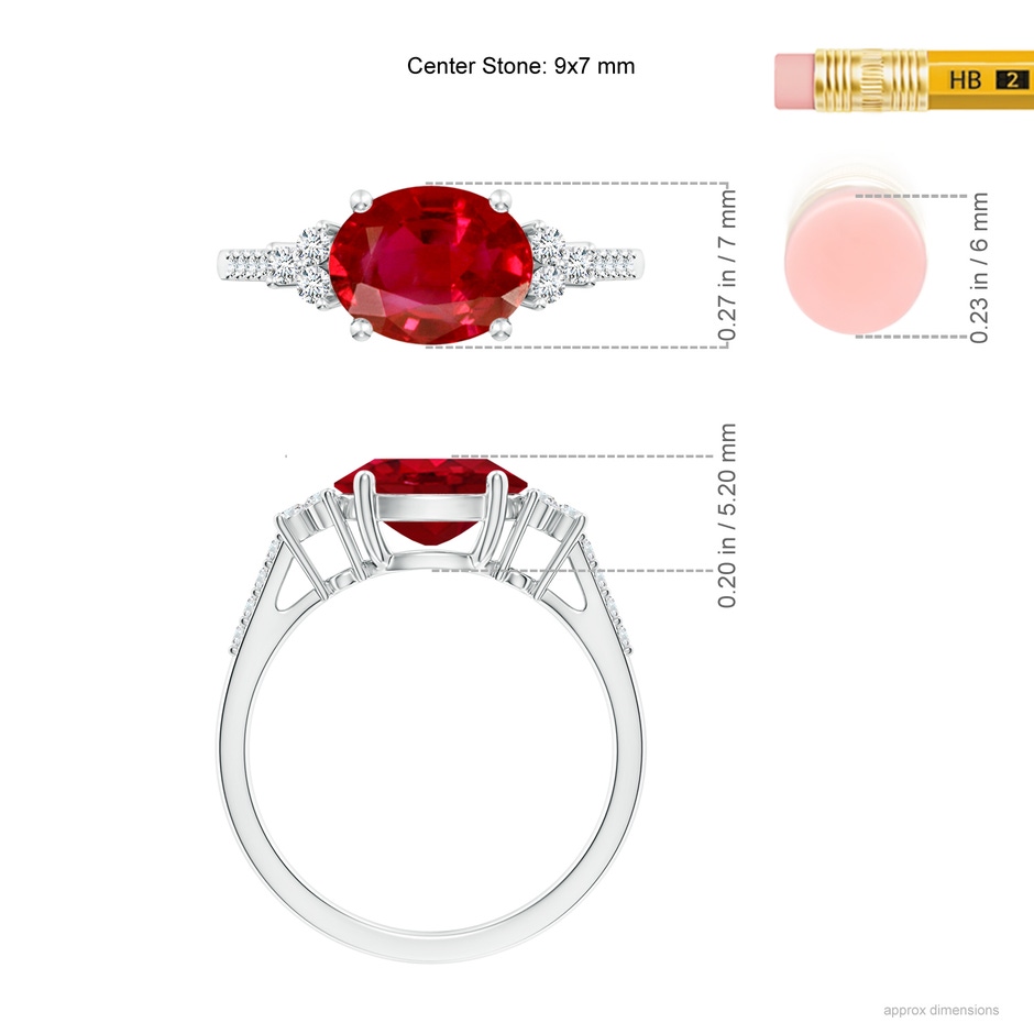 9x7mm AAA Horizontally Set Oval Ruby Solitaire Ring with Trio Diamond Accents in P950 Platinum ruler