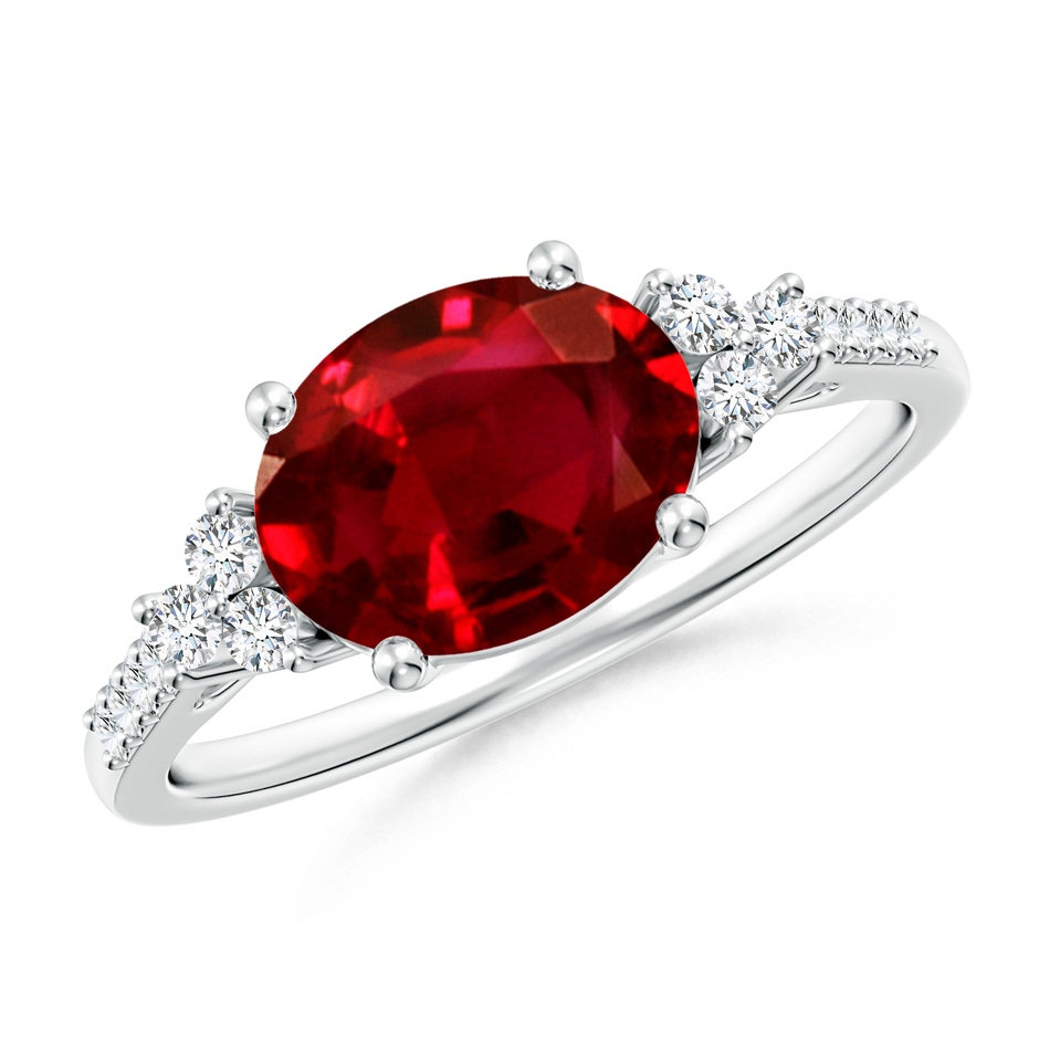 9x7mm AAAA Horizontally Set Oval Ruby Solitaire Ring with Trio Diamond Accents in P950 Platinum 