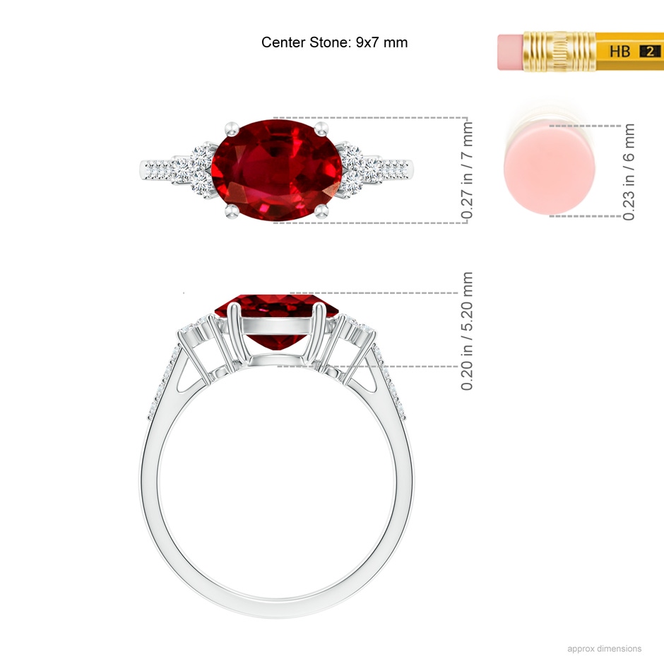 9x7mm AAAA Horizontally Set Oval Ruby Solitaire Ring with Trio Diamond Accents in P950 Platinum ruler