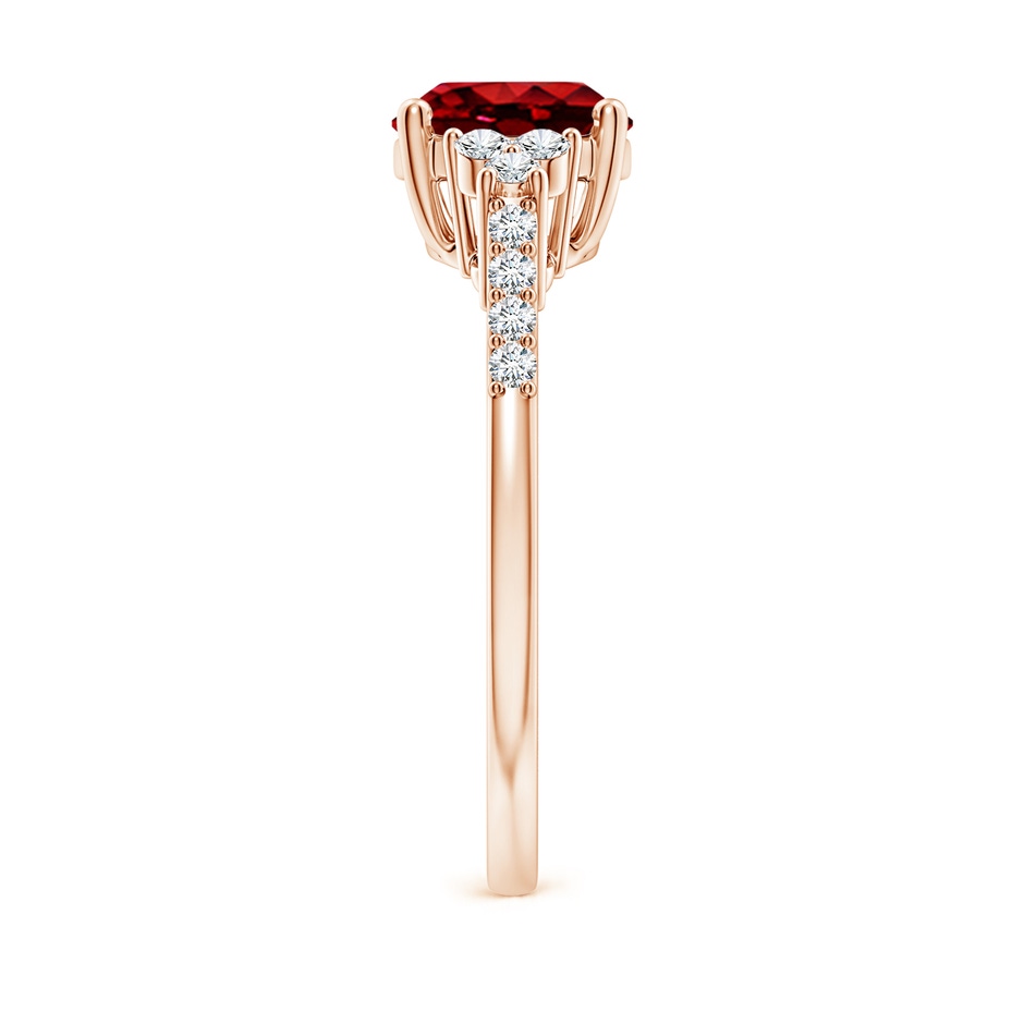 9x7mm AAAA Horizontally Set Oval Ruby Solitaire Ring with Trio Diamond Accents in Rose Gold side 299