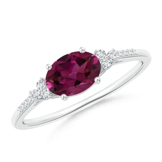 7x5mm AAAA Horizontally Set Oval Rhodolite Ring with Trio Diamonds in P950 Platinum