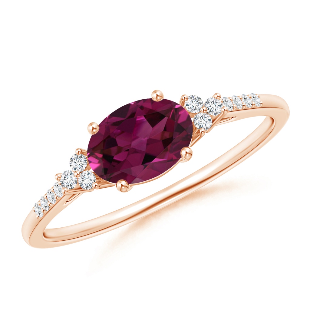 7x5mm AAAA Horizontally Set Oval Rhodolite Ring with Trio Diamonds in Rose Gold 