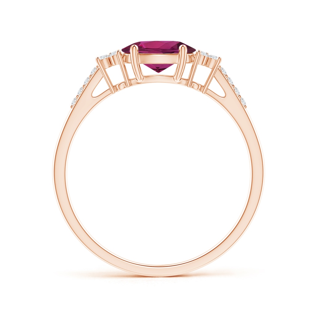 7x5mm AAAA Horizontally Set Oval Rhodolite Ring with Trio Diamonds in Rose Gold Side-1