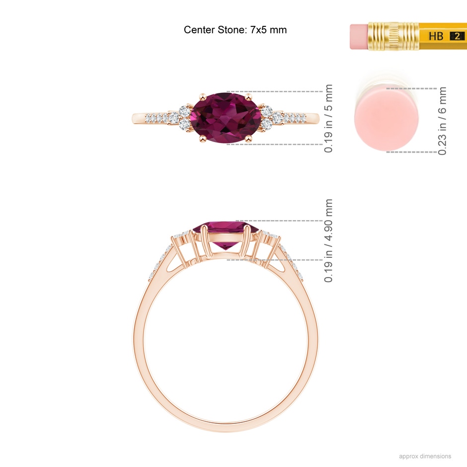 7x5mm AAAA Horizontally Set Oval Rhodolite Ring with Trio Diamonds in Rose Gold ruler