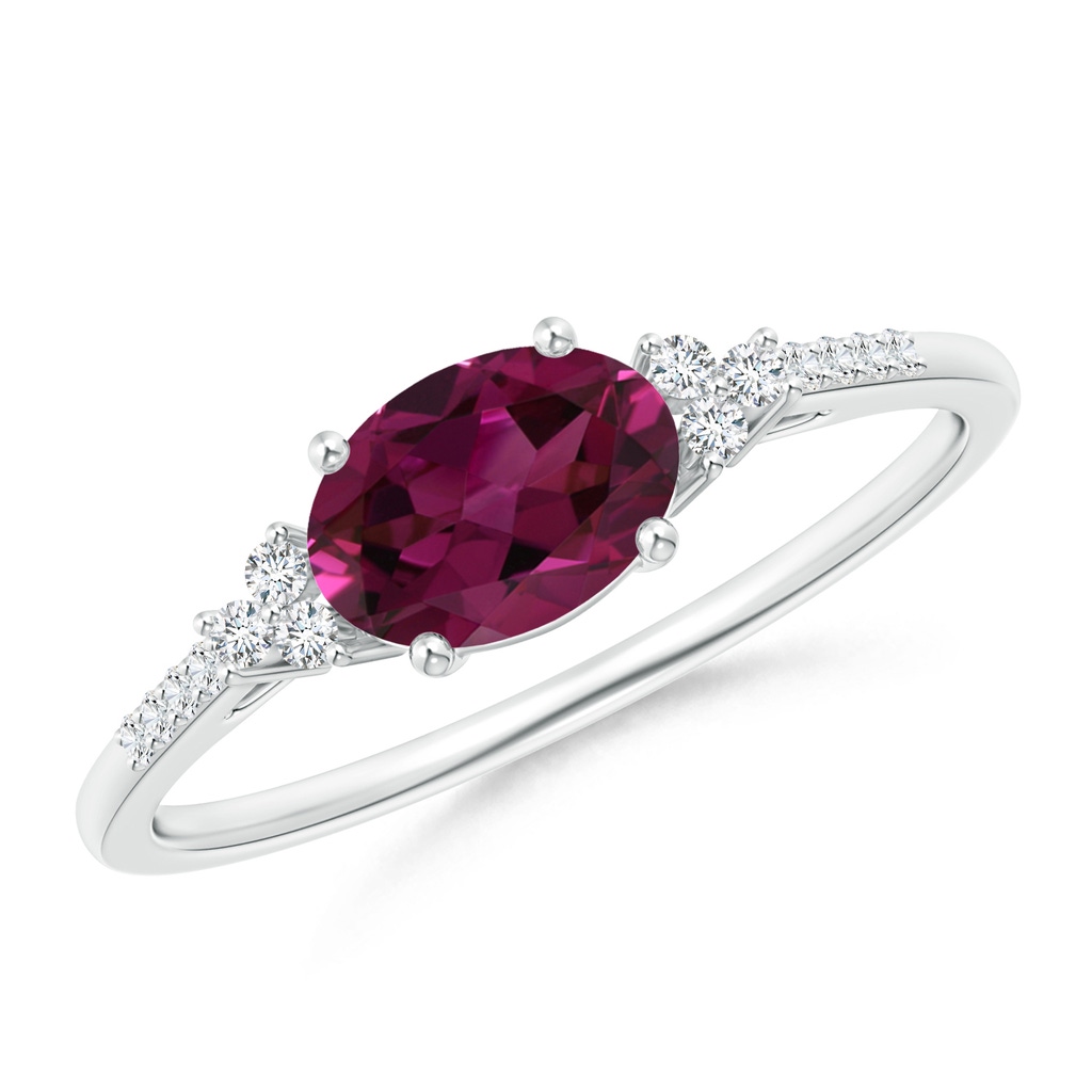 7x5mm AAAA Horizontally Set Oval Rhodolite Ring with Trio Diamonds in White Gold