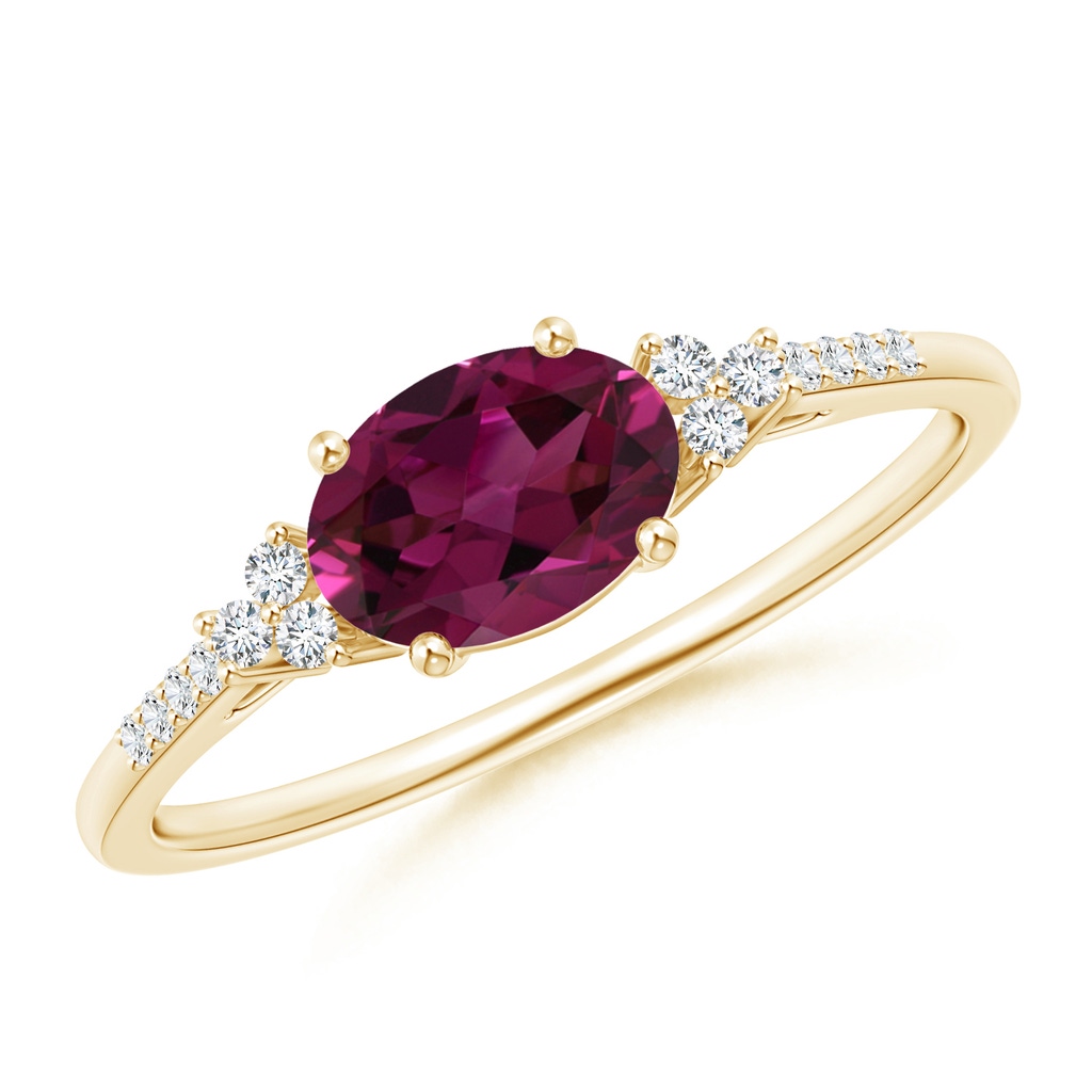 7x5mm AAAA Horizontally Set Oval Rhodolite Ring with Trio Diamonds in Yellow Gold