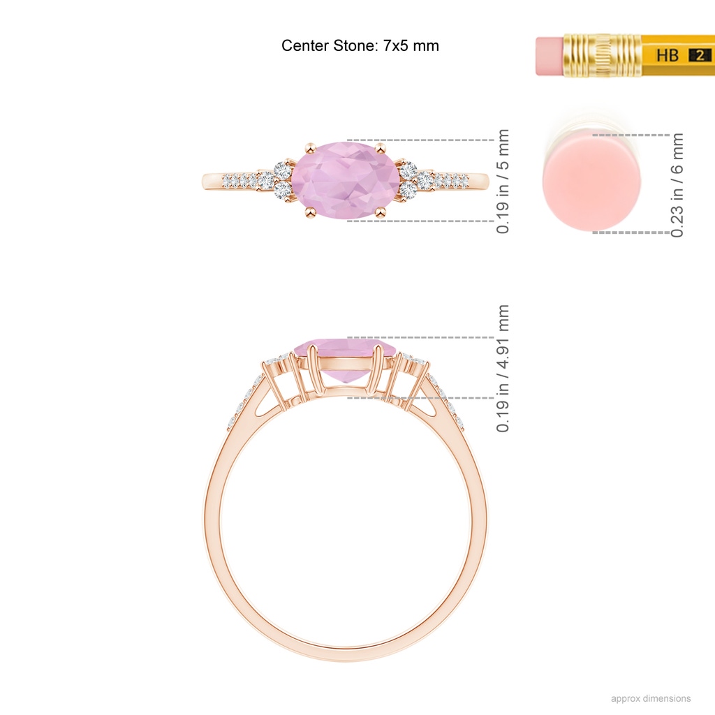 7x5mm AAAA Horizontally Set Oval Rose Quartz Solitaire Ring with Accents in Rose Gold Ruler