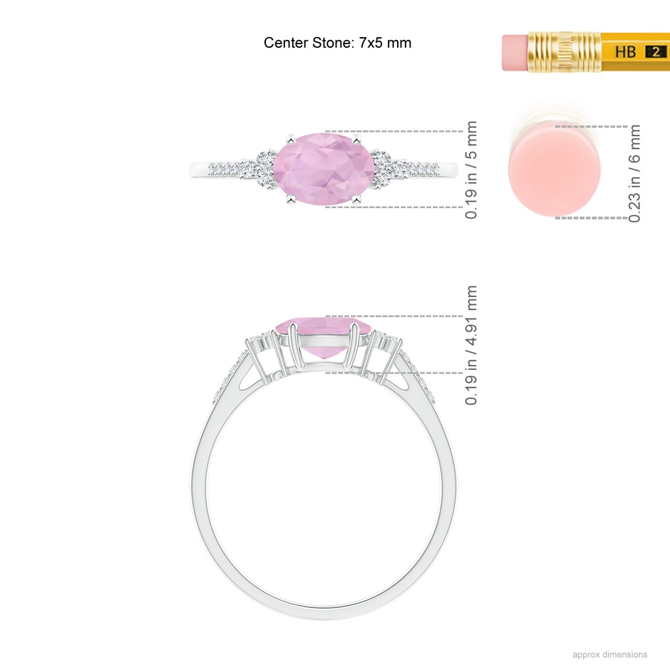 7x5mm AAAA Horizontally Set Oval Rose Quartz Solitaire Ring with Accents in White Gold ruler