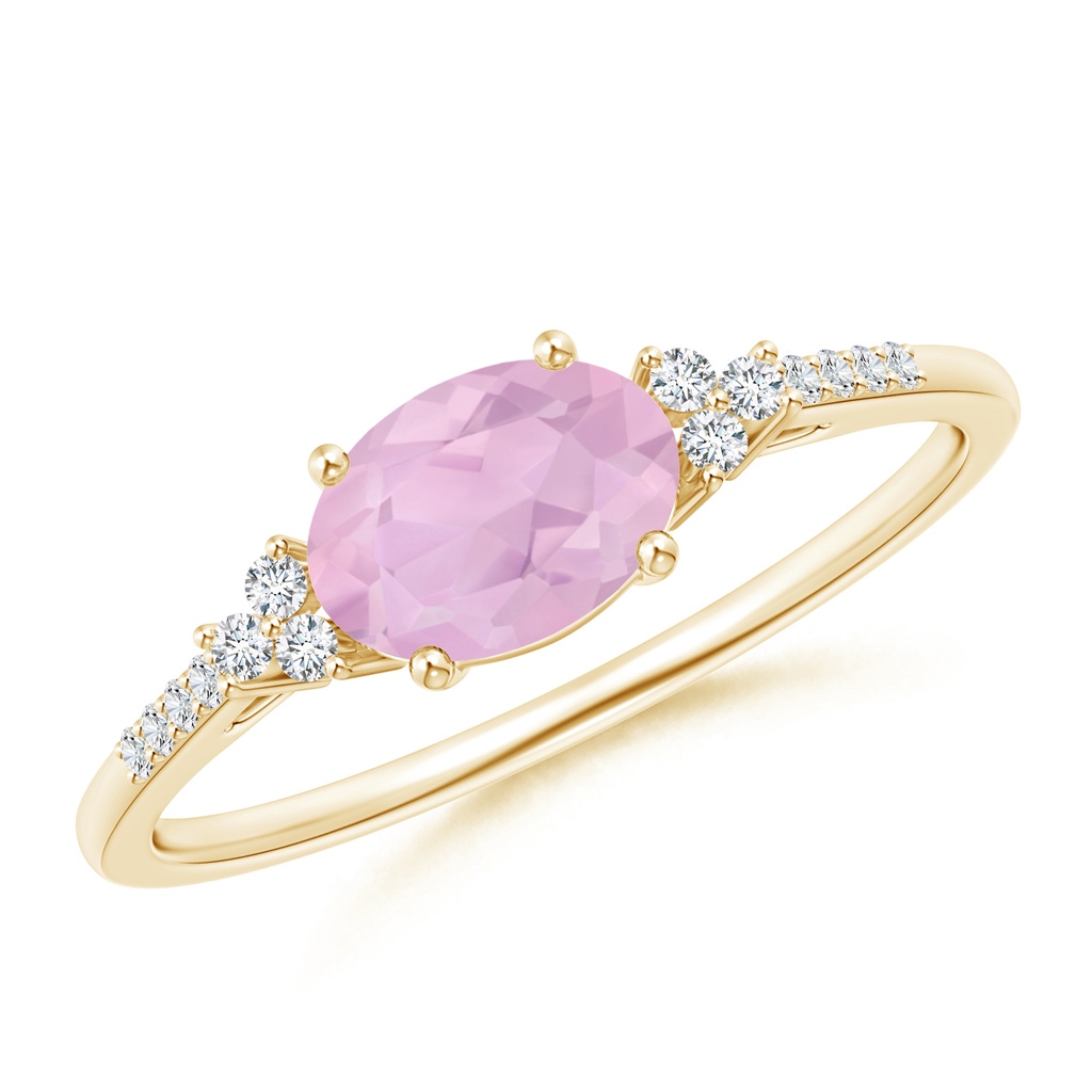 7x5mm AAAA Horizontally Set Oval Rose Quartz Solitaire Ring with Accents in Yellow Gold