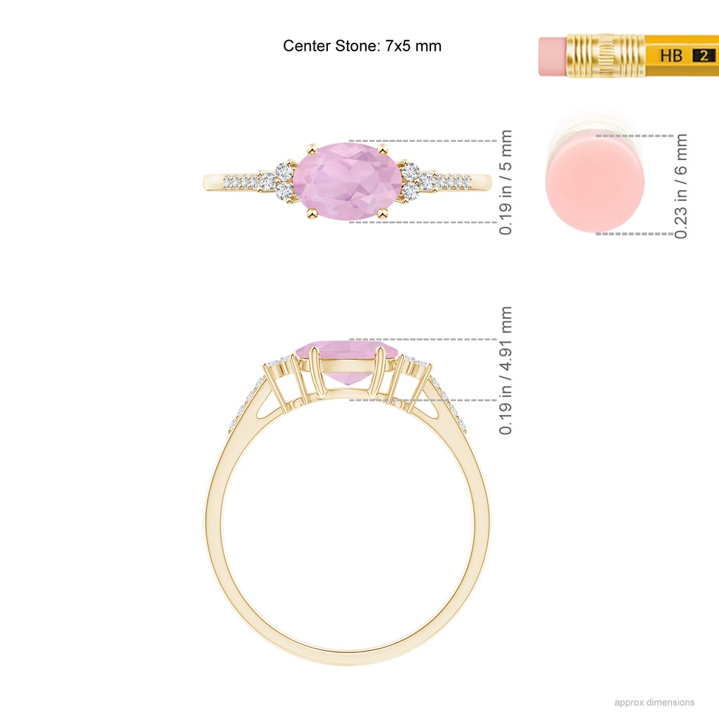 7x5mm AAAA Horizontally Set Oval Rose Quartz Solitaire Ring with Accents in Yellow Gold Ruler