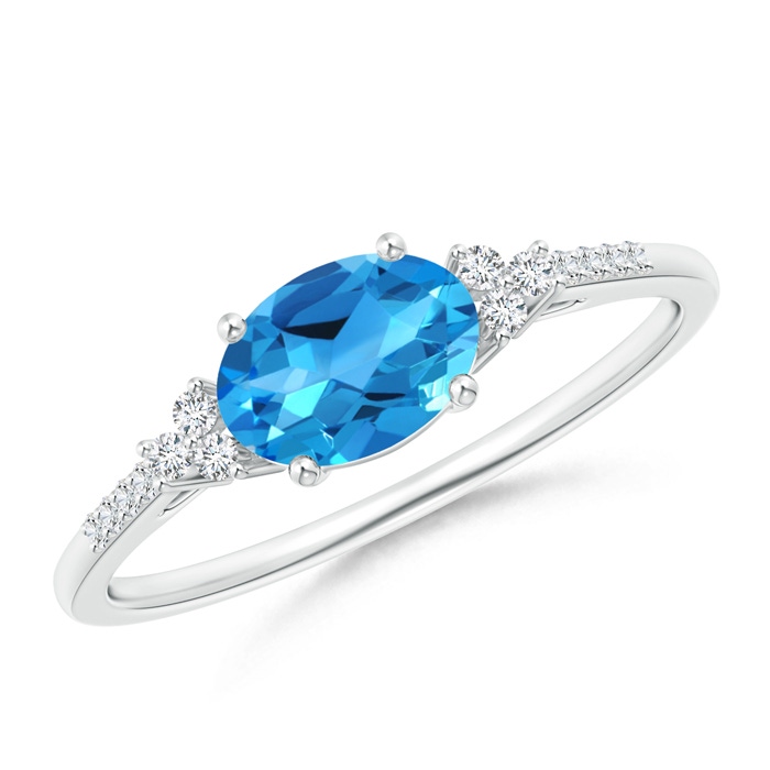 7x5mm AAAA Horizontally Set Oval Swiss Blue Topaz Ring with Trio Diamonds in S999 Silver