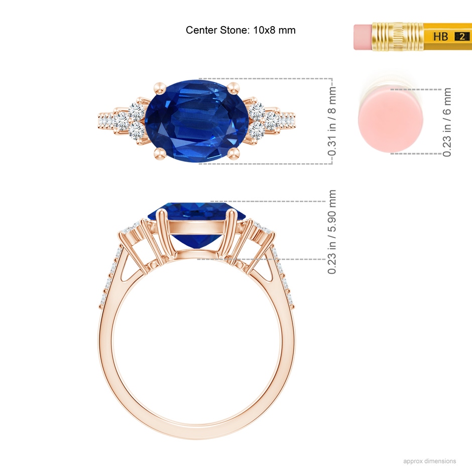 10x8mm AAA Horizontally Set Oval Sapphire Solitaire Ring with Trio Diamond Accents in 9K Rose Gold ruler