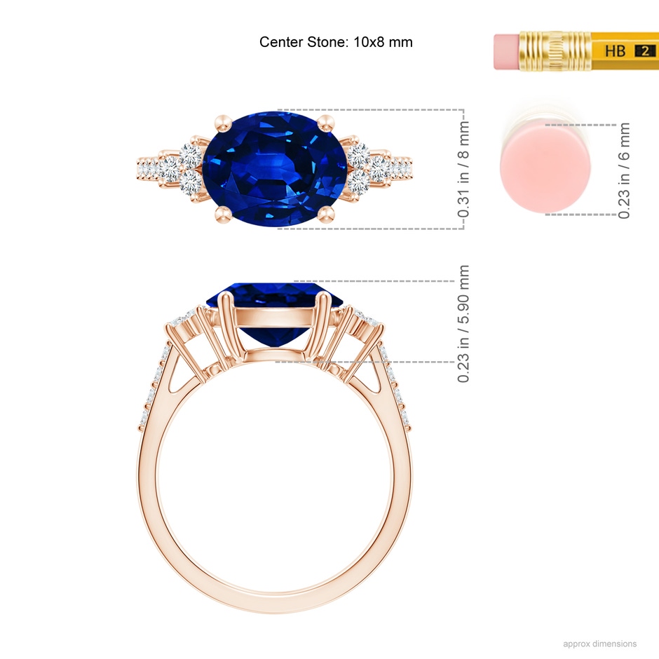 10x8mm Lab-Grown Horizontally Set Oval Sapphire Solitaire Ring with Trio Diamond Accents in Rose Gold ruler