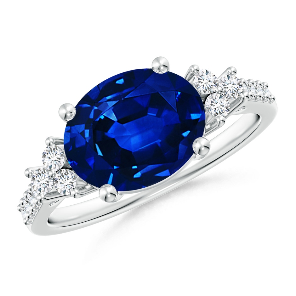 10x8mm Lab-Grown Horizontally Set Oval Sapphire Solitaire Ring with Trio Diamond Accents in White Gold 