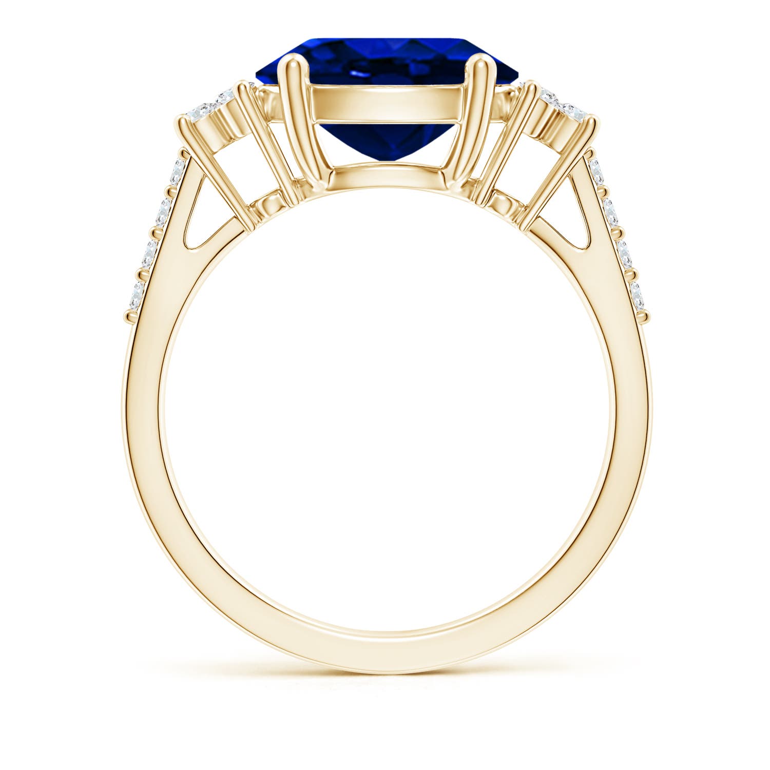 10x8mm AAAA Horizontally Set Oval Sapphire Solitaire Ring with Trio Diamond Accents in Yellow Gold