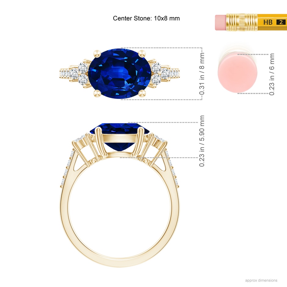 10x8mm Lab-Grown Horizontally Set Oval Sapphire Solitaire Ring with Trio Diamond Accents in Yellow Gold ruler