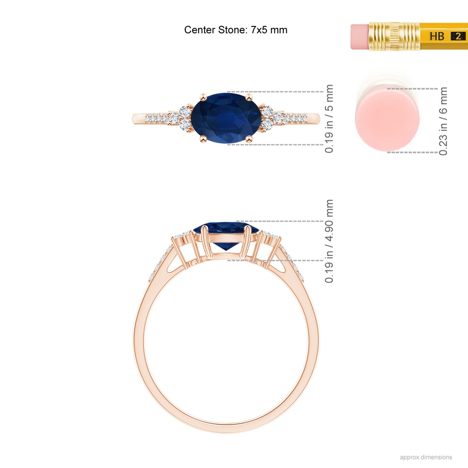 7x5mm AA Horizontally Set Oval Sapphire Solitaire Ring with Trio Diamond Accents in Rose Gold ruler