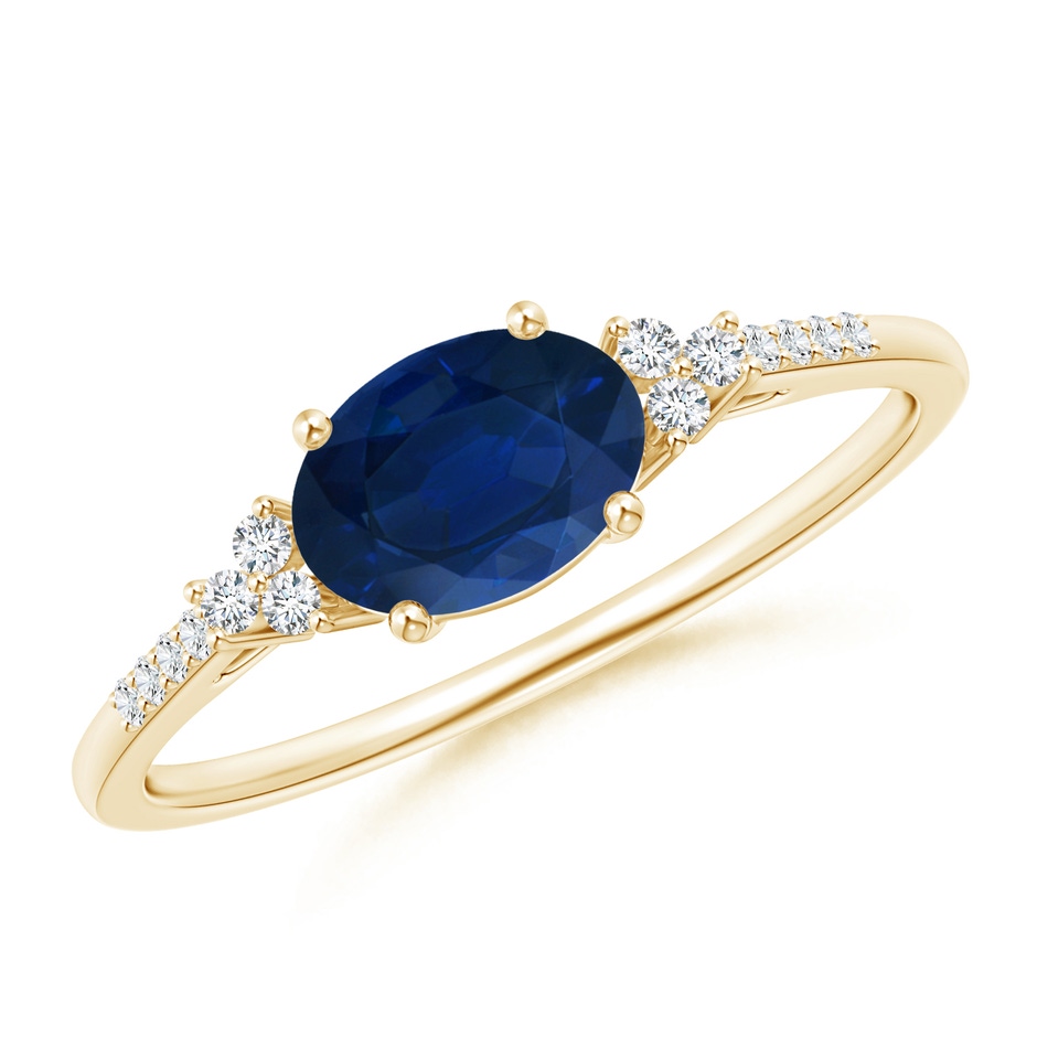7x5mm AA Horizontally Set Oval Sapphire Solitaire Ring with Trio Diamond Accents in Yellow Gold 