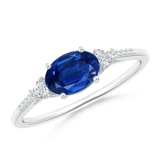 7x5mm AAA Horizontally Set Oval Sapphire Solitaire Ring with Trio Diamond Accents in 9K White Gold