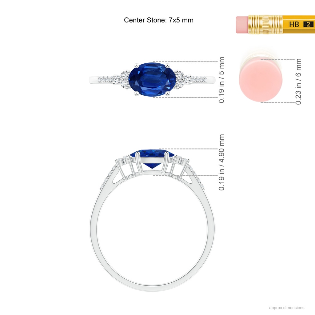 7x5mm AAA Horizontally Set Oval Sapphire Solitaire Ring with Trio Diamond Accents in White Gold ruler