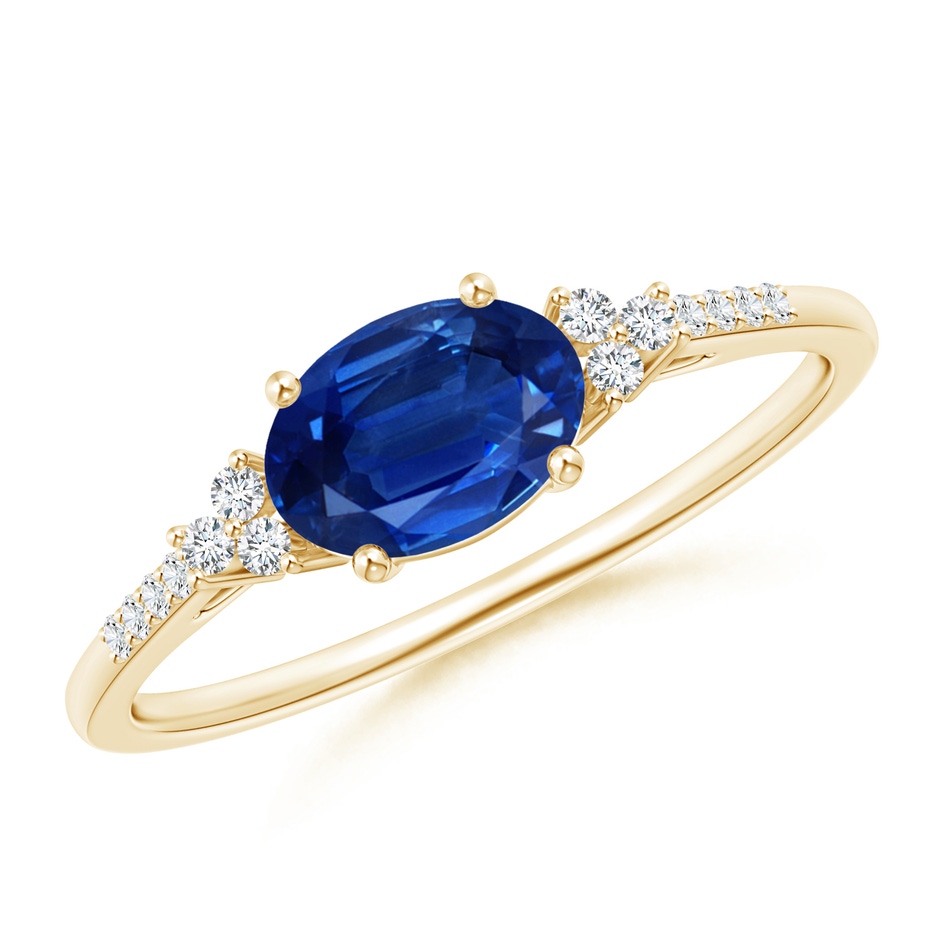7x5mm AAA Horizontally Set Oval Sapphire Solitaire Ring with Trio Diamond Accents in Yellow Gold 