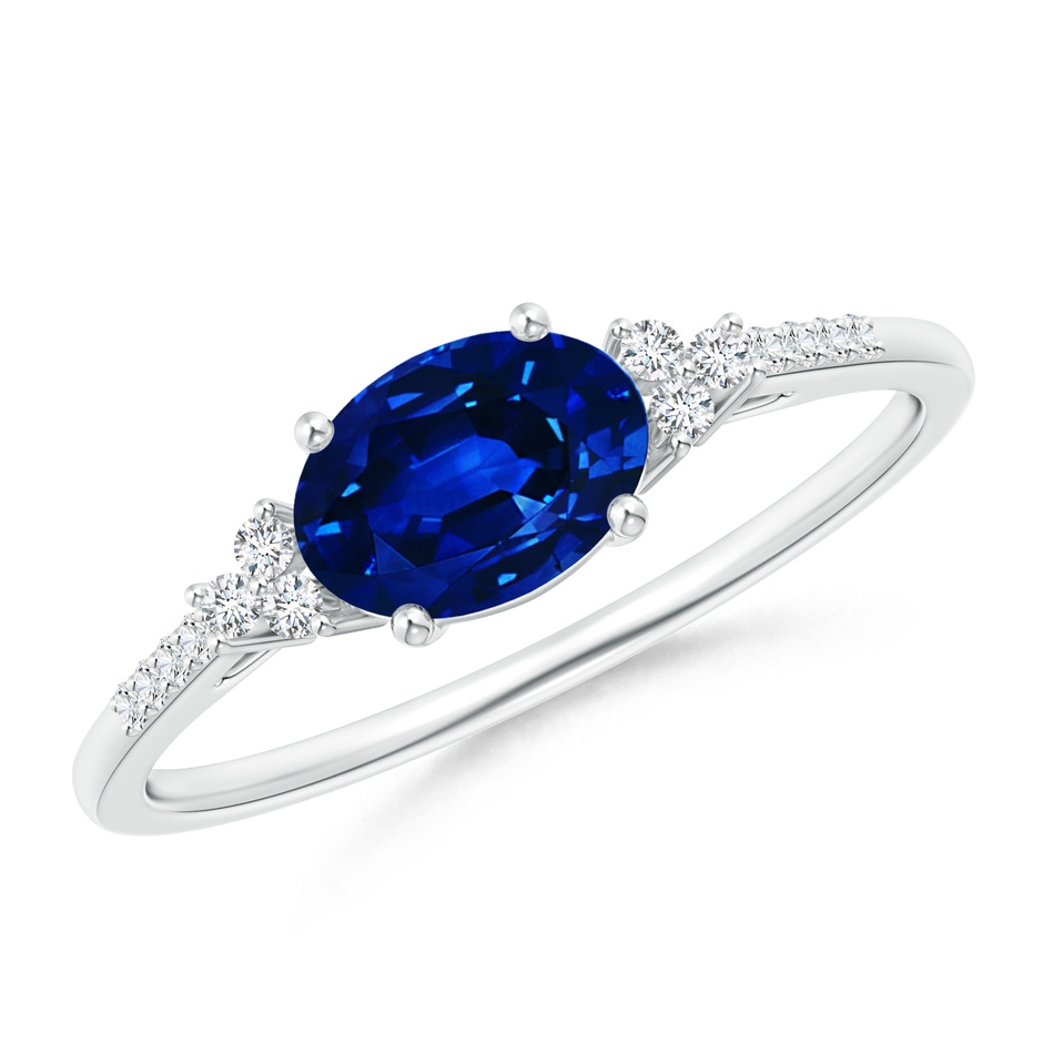 7x5mm AAAA Horizontally Set Oval Sapphire Solitaire Ring with Trio Diamond Accents in P950 Platinum 