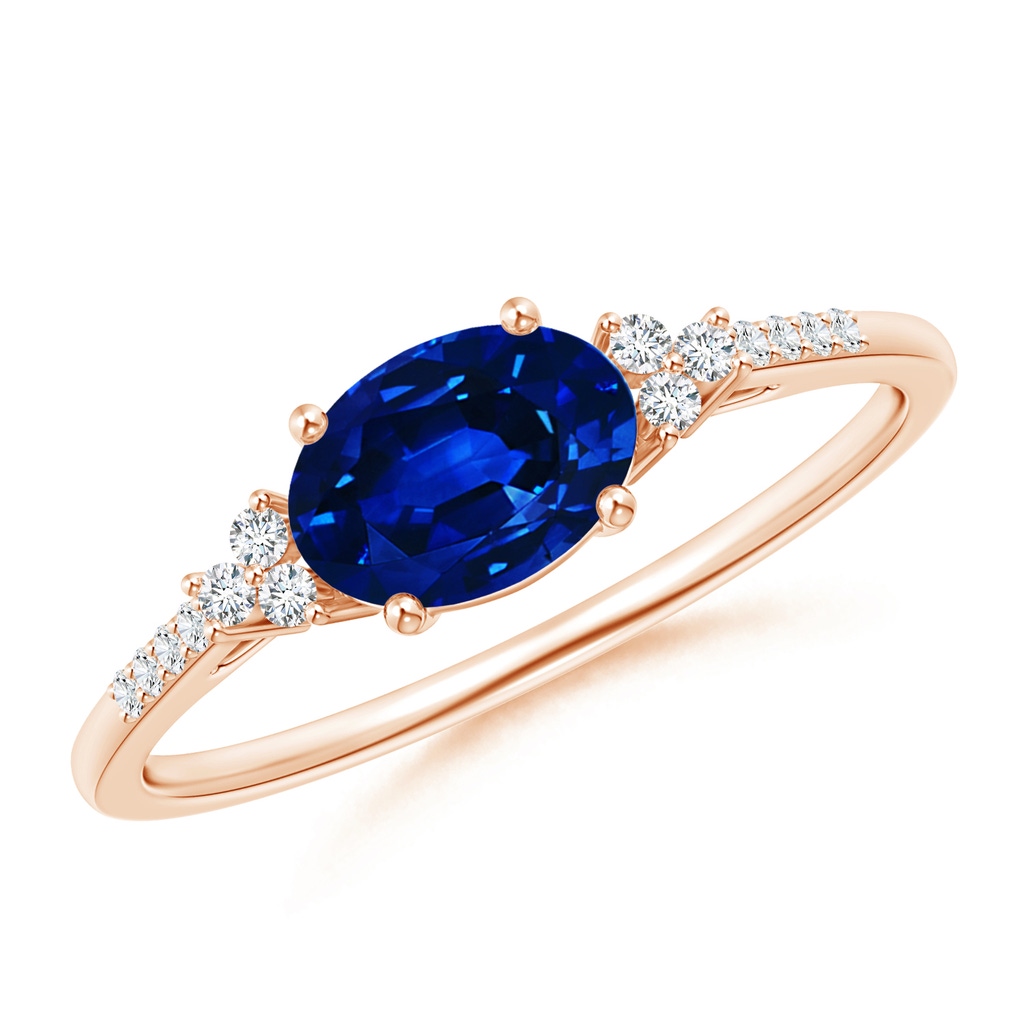 7x5mm AAAA Horizontally Set Oval Sapphire Solitaire Ring with Trio Diamond Accents in Rose Gold