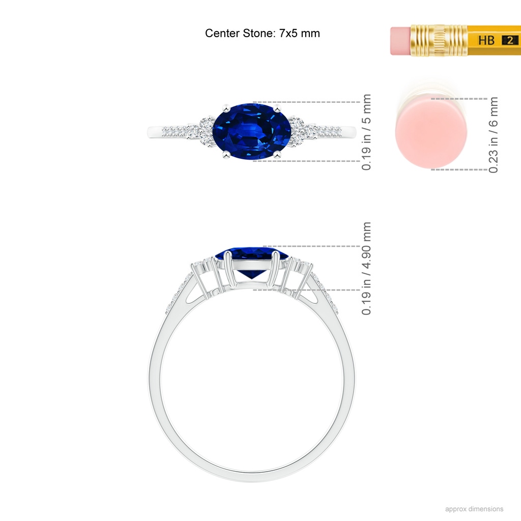 7x5mm AAAA Horizontally Set Oval Sapphire Solitaire Ring with Trio Diamond Accents in White Gold ruler