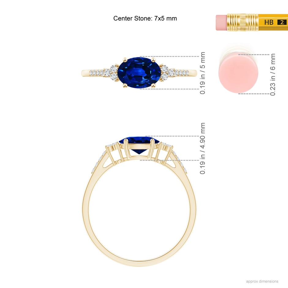 7x5mm AAAA Horizontally Set Oval Sapphire Solitaire Ring with Trio Diamond Accents in Yellow Gold ruler