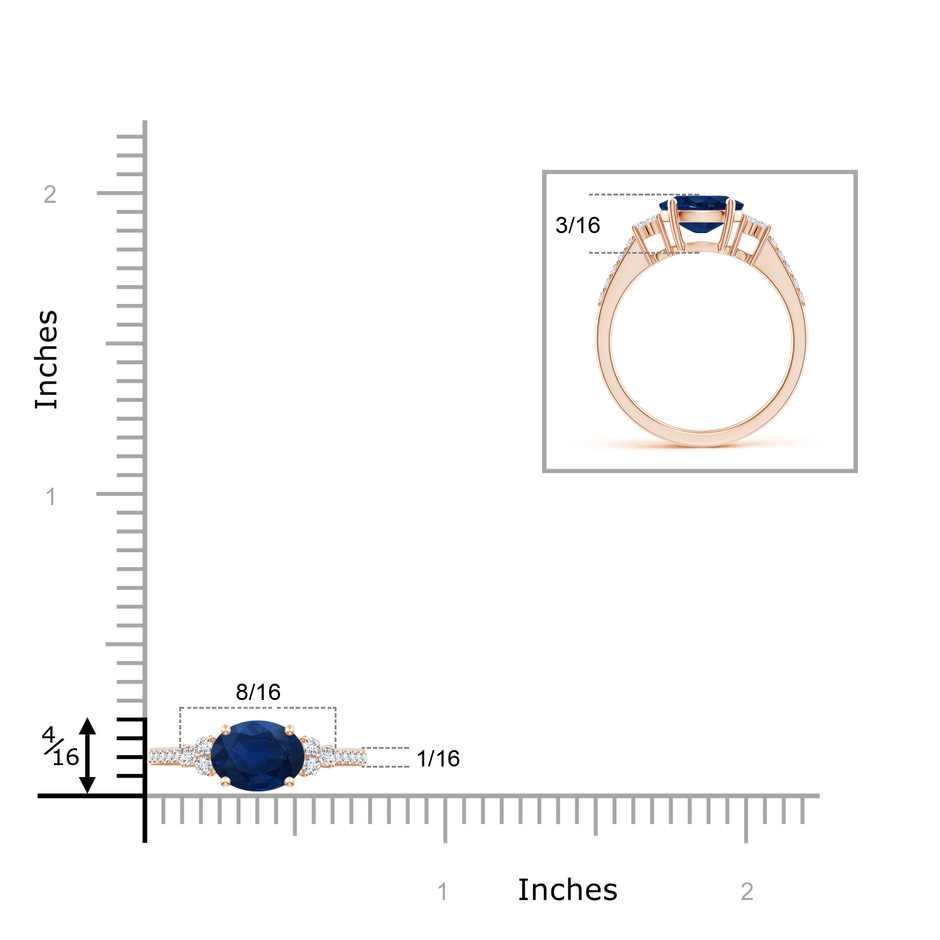 8x6mm AA Horizontally Set Oval Sapphire Solitaire Ring with Trio Diamond Accents in Rose Gold ruler