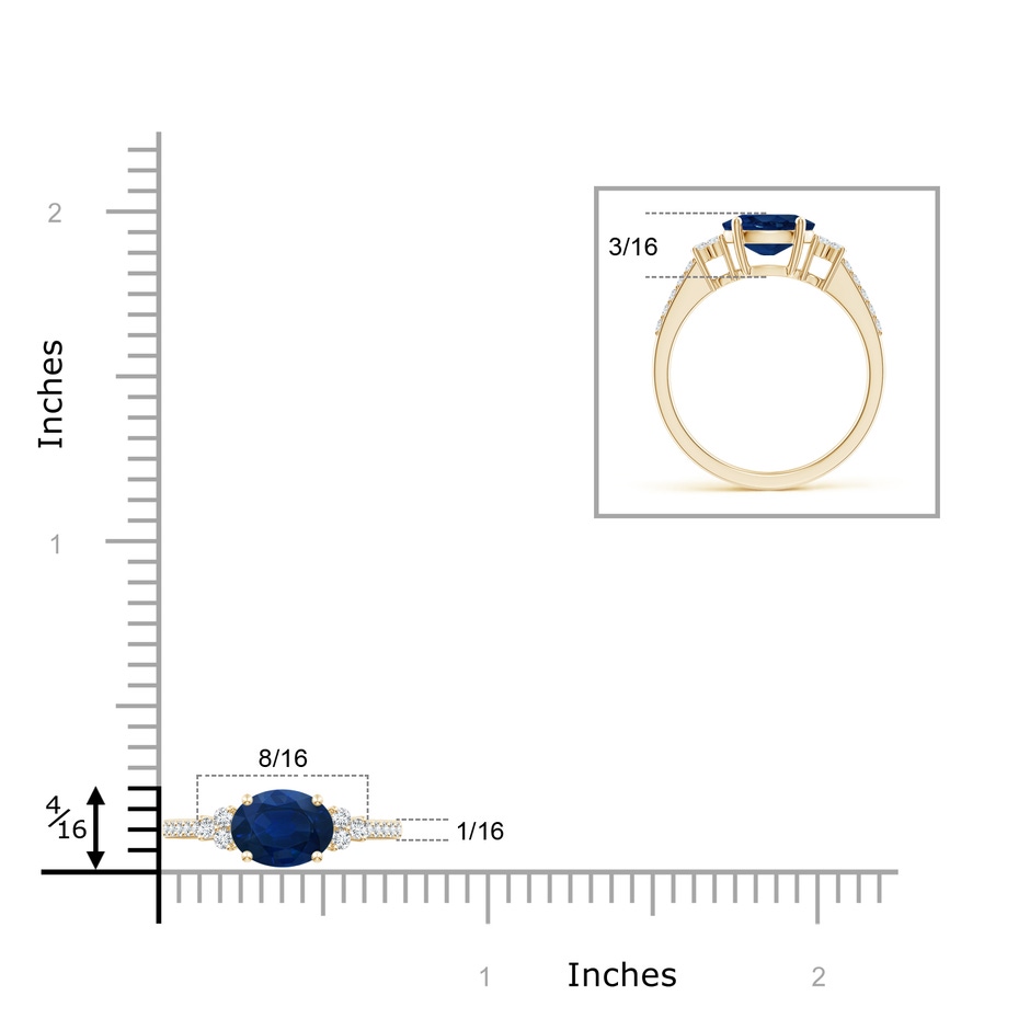 8x6mm AA Horizontally Set Oval Sapphire Solitaire Ring with Trio Diamond Accents in Yellow Gold ruler