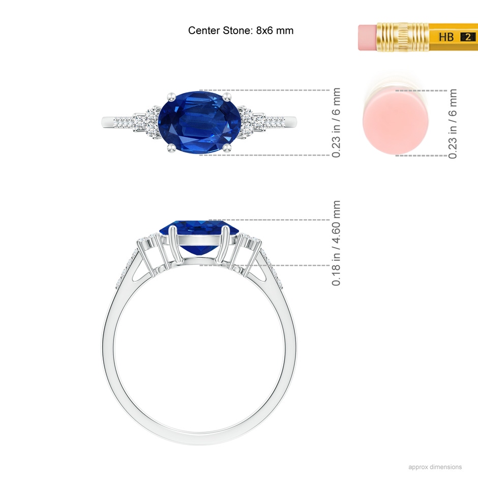 8x6mm AAA Horizontally Set Oval Sapphire Solitaire Ring with Trio Diamond Accents in P950 Platinum ruler