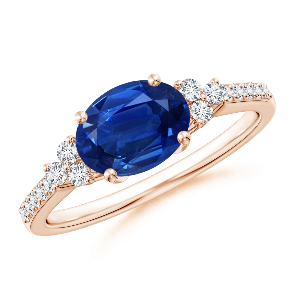 8x6mm AAA Horizontally Set Oval Sapphire Solitaire Ring with Trio Diamond Accents in Rose Gold 