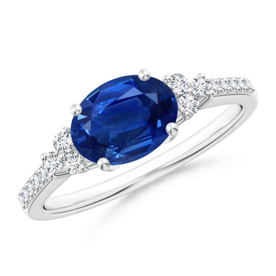 8x6mm AAA Horizontally Set Oval Sapphire Solitaire Ring with Trio Diamond Accents in White Gold 