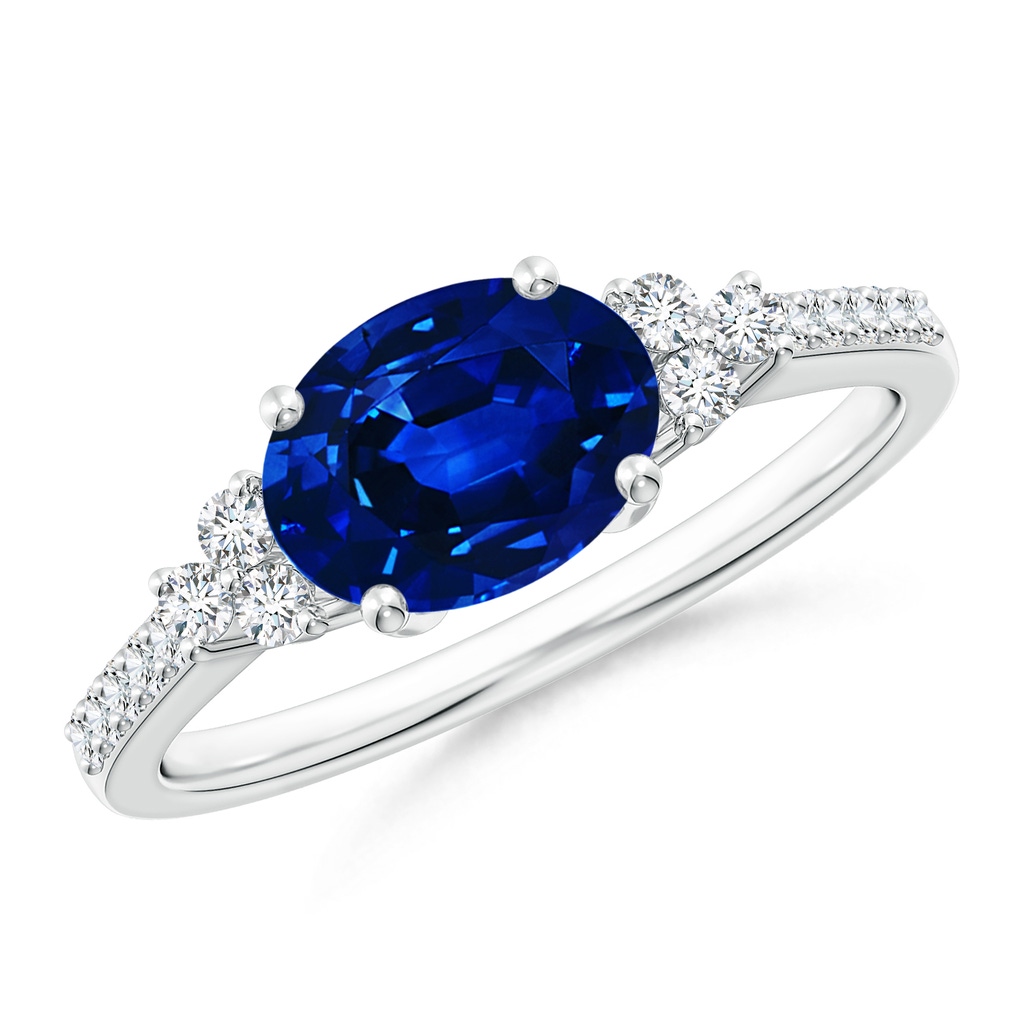 8x6mm Lab-Grown Horizontally Set Oval Sapphire Solitaire Ring with Trio Diamond Accents in White Gold