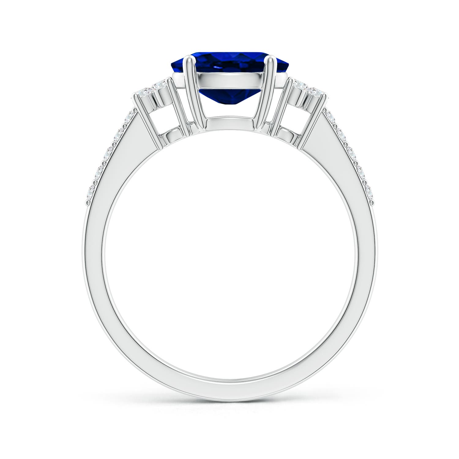8x6mm AAAA Horizontally Set Oval Sapphire Solitaire Ring with Trio Diamond Accents in White Gold - side 4