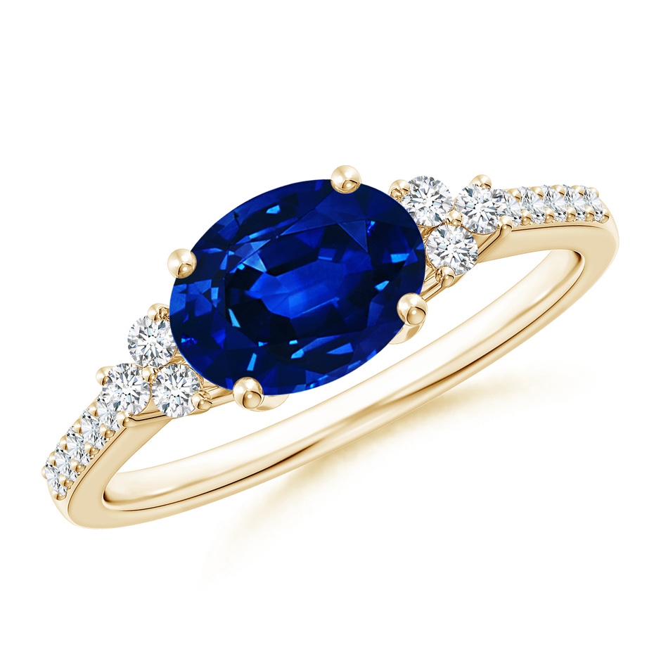 8x6mm Lab-Grown Horizontally Set Oval Sapphire Solitaire Ring with Trio Diamond Accents in Yellow Gold 