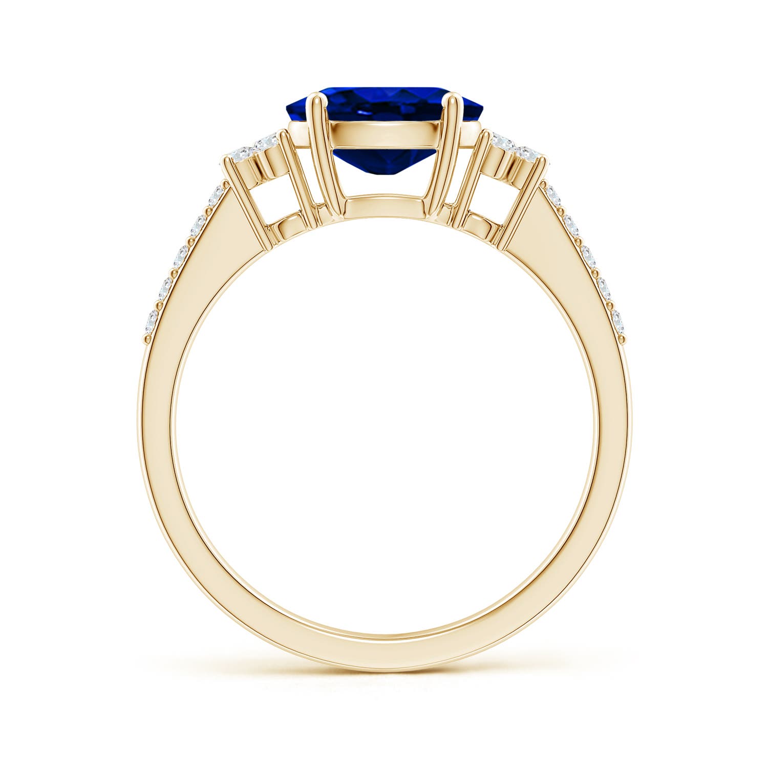 8x6mm AAAA Horizontally Set Oval Sapphire Solitaire Ring with Trio Diamond Accents in Yellow Gold - side 4