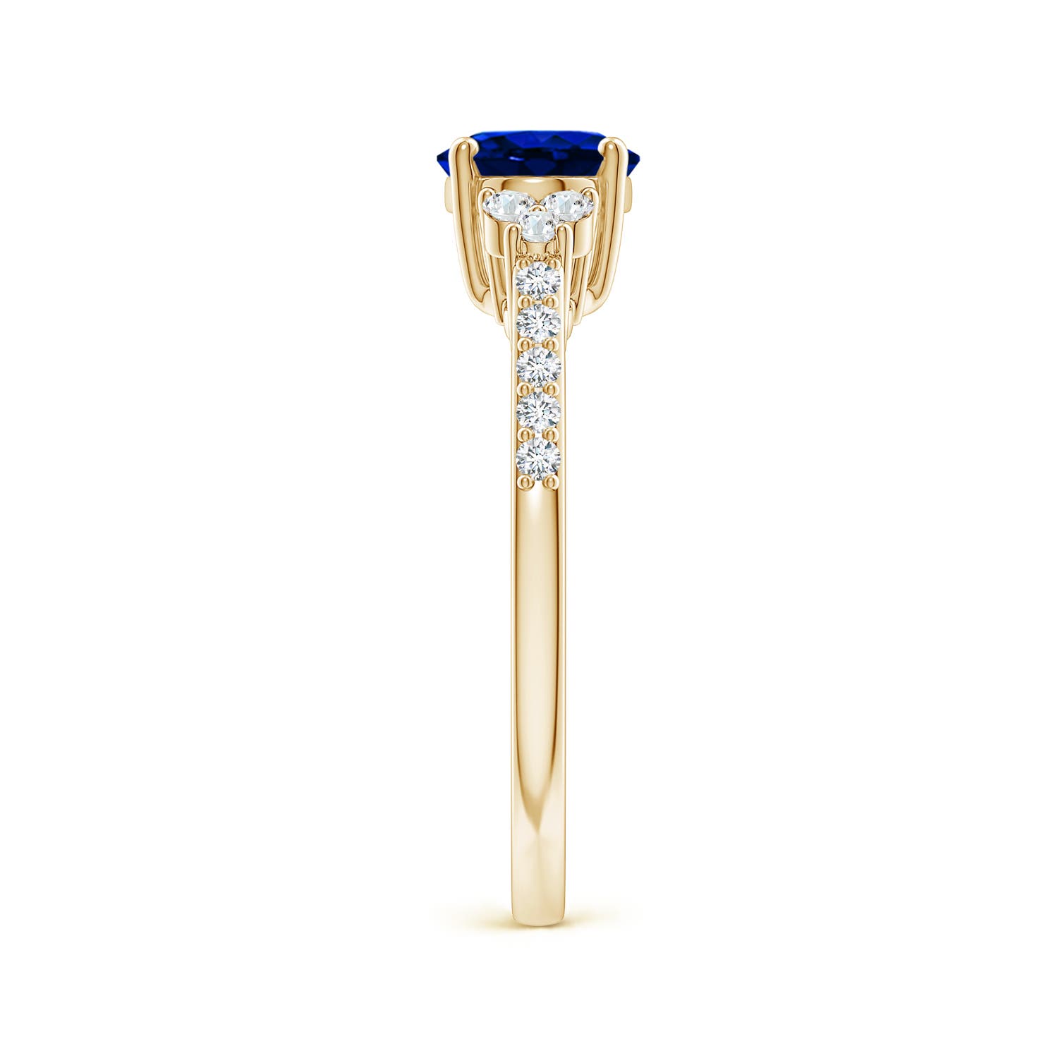 8x6mm AAAA Horizontally Set Oval Sapphire Solitaire Ring with Trio Diamond Accents in Yellow Gold - side 6