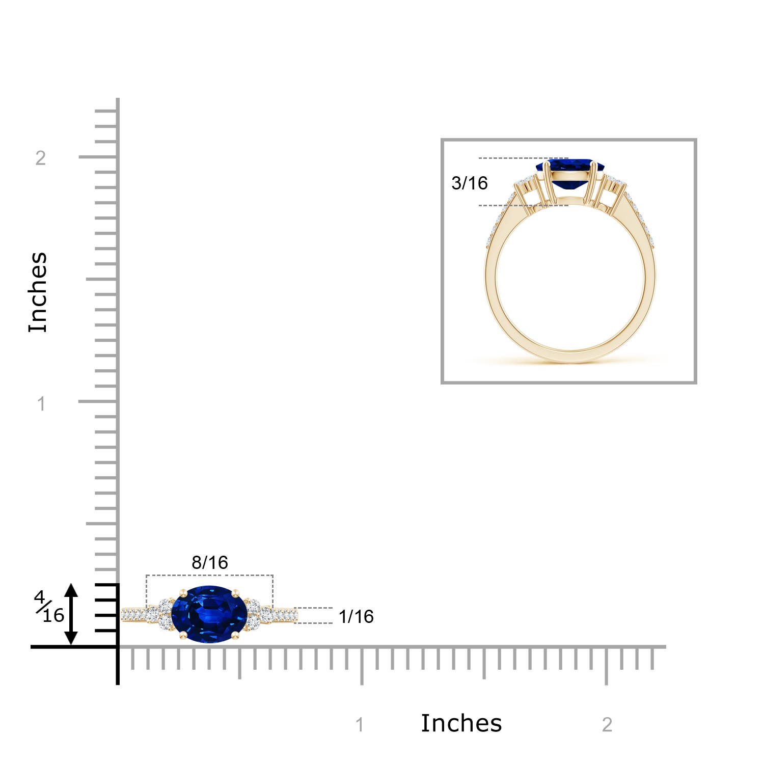 8x6mm AAAA Horizontally Set Oval Sapphire Solitaire Ring with Trio Diamond Accents in Yellow Gold - ruler