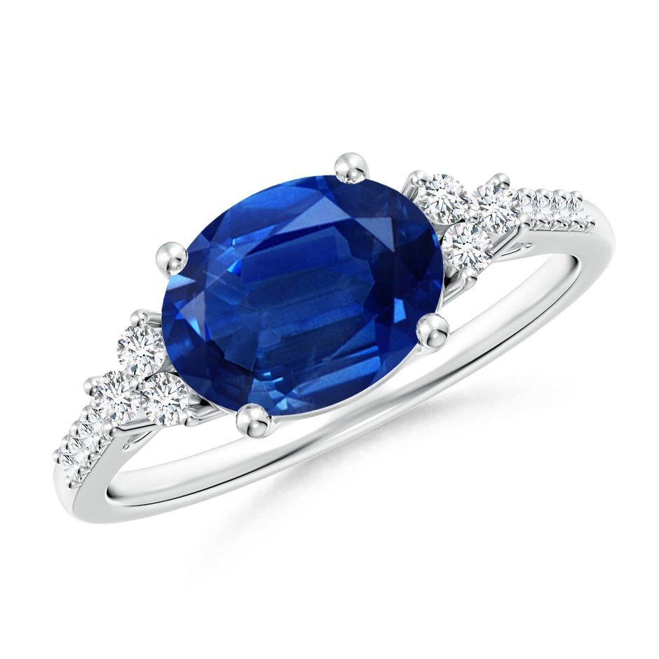 9x7mm AAA Horizontally Set Oval Sapphire Solitaire Ring with Trio Diamond Accents in P950 Platinum 