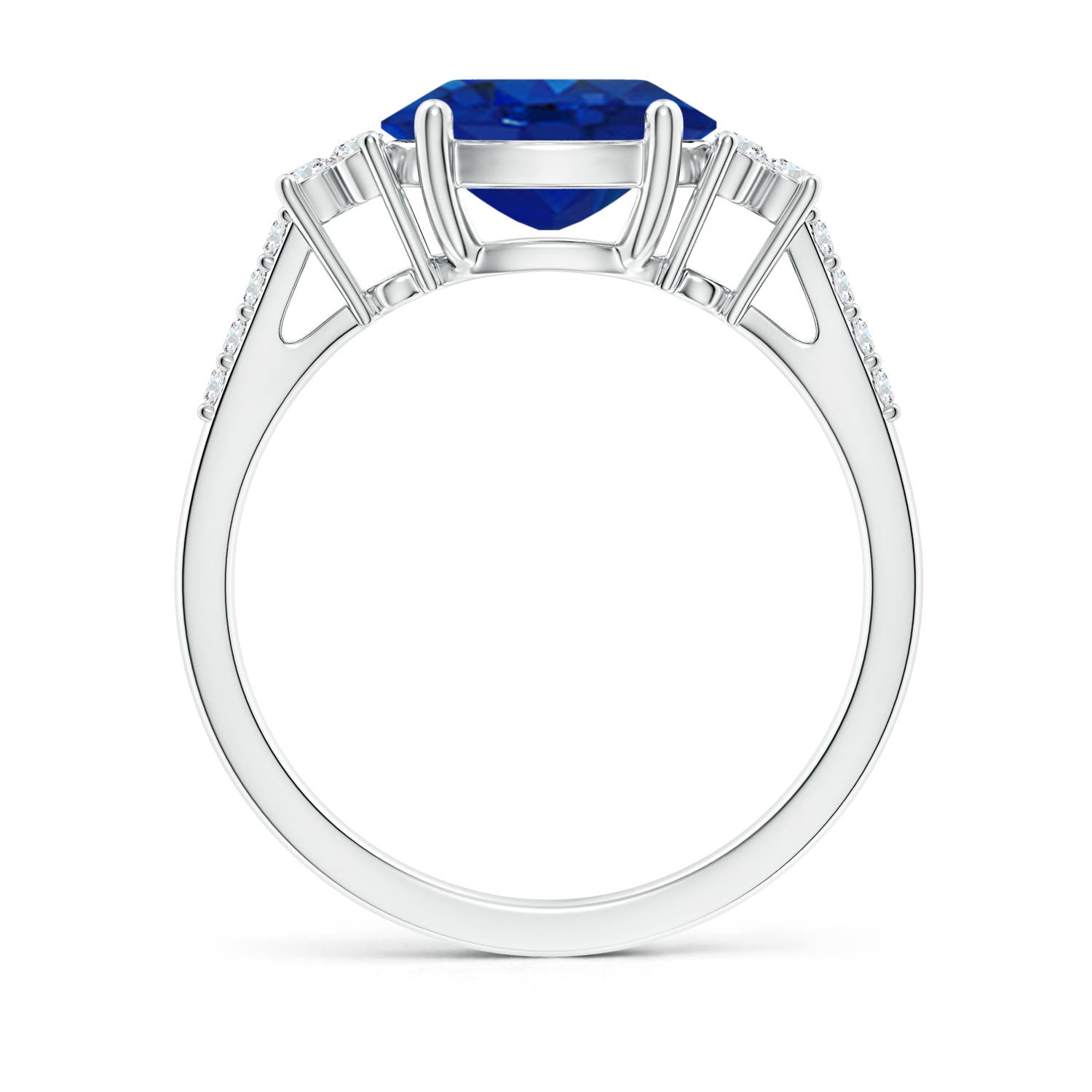 9x7mm AAA Horizontally Set Oval Sapphire Solitaire Ring with Trio Diamond Accents in White Gold