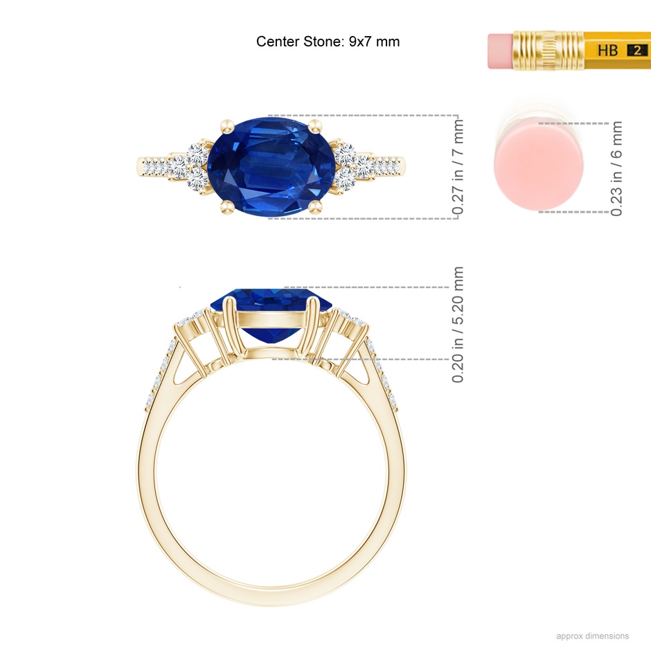 9x7mm AAA Horizontally Set Oval Sapphire Solitaire Ring with Trio Diamond Accents in Yellow Gold ruler